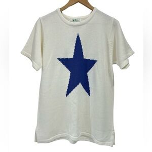 NWT Vintage Quacker Factory White Short Sleeve Sweater with Bold Blue Star - S